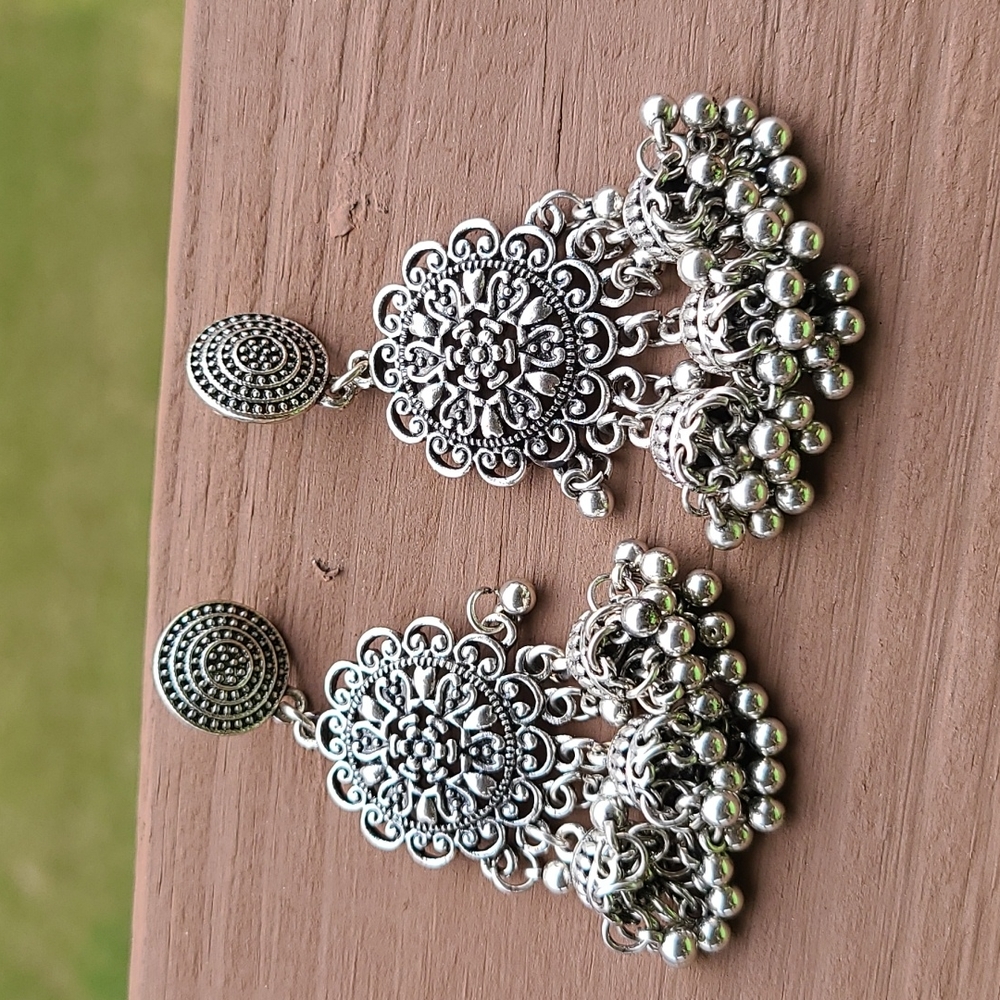 Indian Rajastani Silver Triple Jumka Earrings NWT